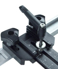 Close-up of Pro Grade Aluminum T Track Jig showing adjustable mechanism for precise woodworking cuts on saws and routers