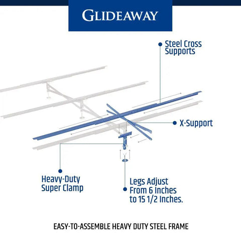 Badass X Support Bed Frame Reinforcement Kit with steel cross supports, adjustable legs, and X-support design for queen king full sizes.