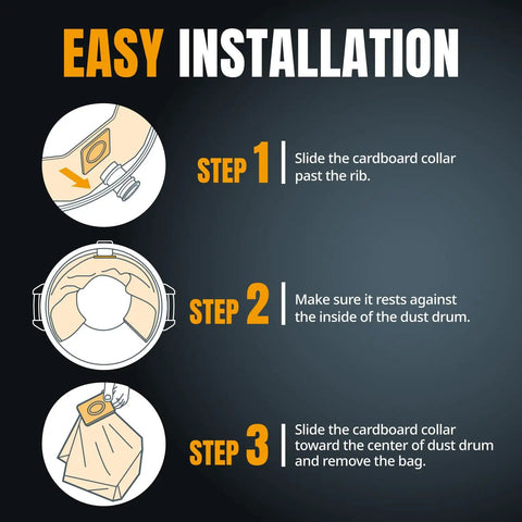 Easy installation steps for Replacement Fleece Filter Bags For DeWalt Dust Extractors Self Cleaning 5 Pack