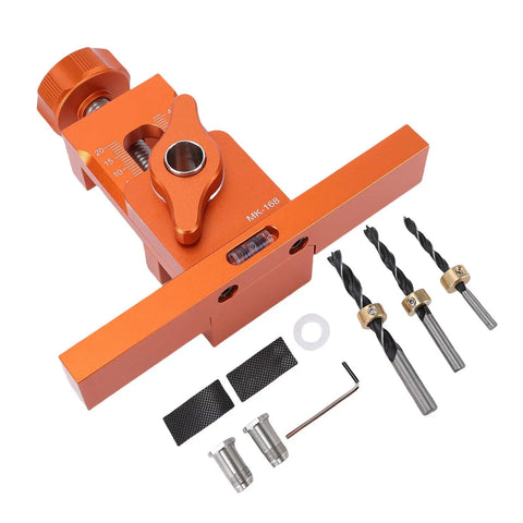 Adjustable Heavy Duty Aluminum Alloy Cabinet Door Mounting Jig With Built In Level Bubble And Non Slip Grip For Spot On Precise Installs and Worry Free Workshop Positioners with drill bits and accessories.