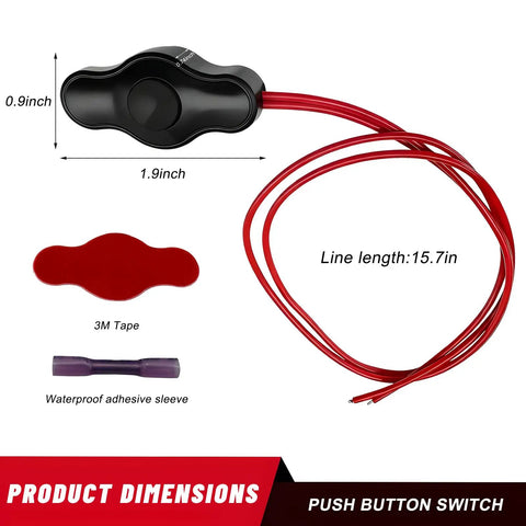 Dimensions of Waterproof Push Button Switch with Quick Connector for 12V LED Accent Lighting, showing wiring and components
