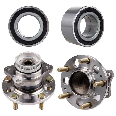 Close-up of 4 Pack Front And Rear Wheel Hub Assembly With Wheel Bearing Replacement Non ABS 5 Lug Fits Hyundai Elantra 2011 2016 Veloster 2012 2016 Kia Forte Forte Koup 2014 2016 Forte5 2014 2016, showing two complete hub assemblies and two bearings.
