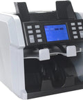 Slick Touchscreen Money Counter Machine For Fast Multi Currency Banknote Sorting And Bill Counting With Built In Printer No Fuss, angled view showing touchscreen and bill input.