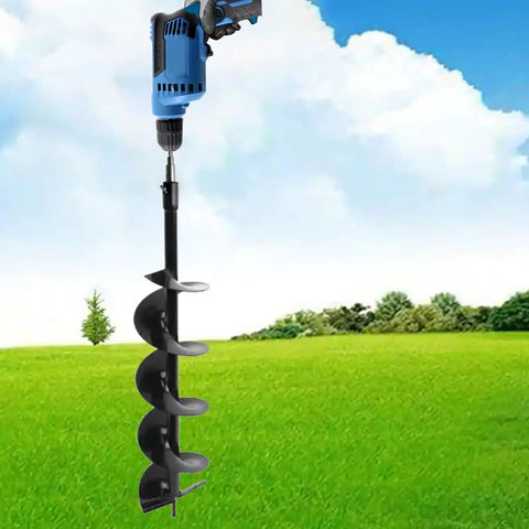 Two Stage Auger Drill Adapter For 1/2 Inch Hand Drills attached to auger, stainless steel in outdoor setting