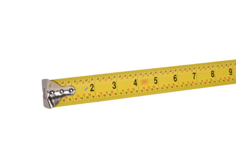 Close-up of Big Blue Tape Measure Thirty Three Feet With One And A Quarter Inch Wide Blade Easy Read Markings Pro Grade for measurement