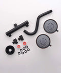 Dual Shower Head System With Shut Off Valve And Shower Arm Twin High Pressure Five Function Sprayers In Oil Rubbed Bronze components spread on white background