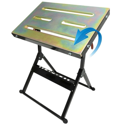Heavy Duty Foldable Welding Table With Rock Solid Hold Industrial Workbench Built Tough For Shop Hustle showing adjustable angles and steel top.