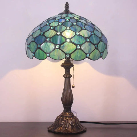Sea Blue Pear Stained Glass Shade Tiffany Style Table Lamp With 12 Inch Wide 19 Inch Tall Antique Bronze Base UL Listed Reading Light
