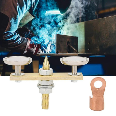 Heavy Duty Welding Magnet Head With Super Strong Suction Power showing 36mm brass disc for grounding fixture setup.