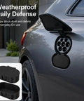 Bulletproof Ccs Charging Port Cover For Tesla Model 3 And Fisker Ocean, black weatherproof cap on electric vehicle charging port.