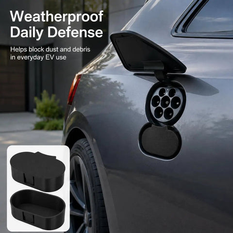 Bulletproof Ccs Charging Port Cover For Tesla Model 3 And Fisker Ocean, black weatherproof cap on electric vehicle charging port.