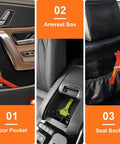 SINSEN car safety hammer set of 2; orange window-breaker and seat belt cutter visible in door pocket and center console.