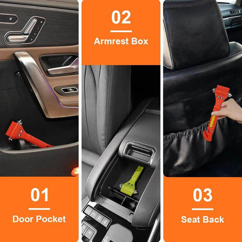 SINSEN car safety hammer set of 2; orange window-breaker and seat belt cutter visible in door pocket and center console.