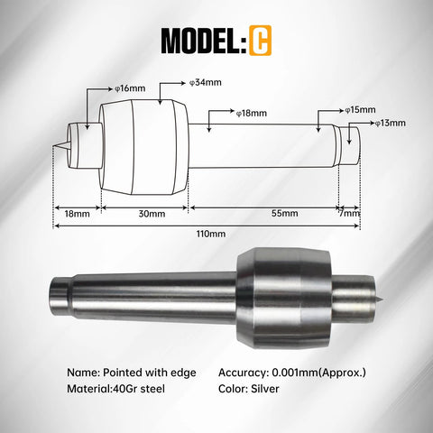 Model C steel component with dimensions for 65mm MT2 Movable Tailstock Lathe Center with Four Replaceable Heads for CNC 4 Axis Engraving Machines