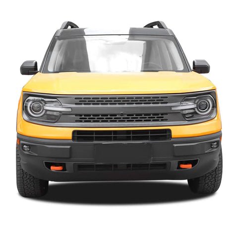 Front view of Ford Bronco Sport with orange Tow Hook Covers For Ford Bronco Sport And Maverick FX4 Off-Road Tremor installed.