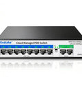 Eight Port 100Mbps PoE Switch With Dual Gigabit Uplink 120W Power Budget front view showing ports on fanless metal case