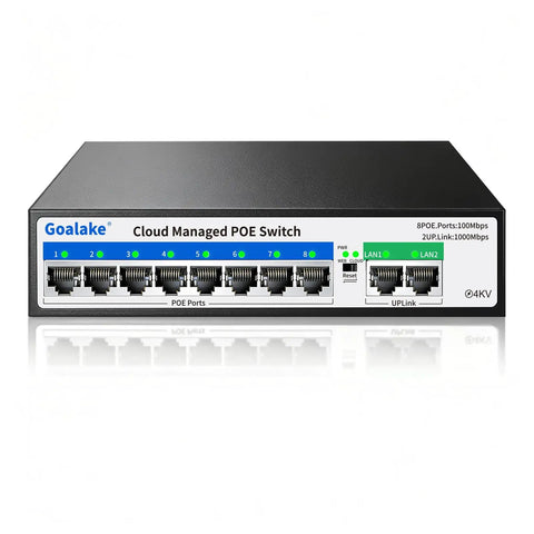 Eight Port 100Mbps PoE Switch With Dual Gigabit Uplink 120W Power Budget front view showing ports on fanless metal case