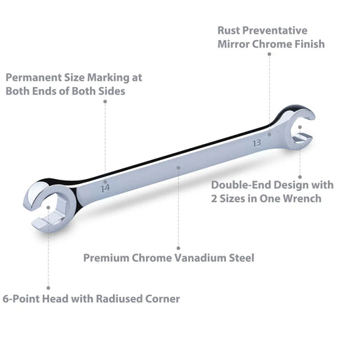 Premium Double End Metric Flare Nut Wrench Set With Rack For Fuel Brake And Air Conditioning Lines Sizes From 9 To 21 Mm Cr V Steel 6 Point Heads Rust Resistant Chrome Finish Ideal For Professional Mechanics EFFICERE, close-up view showing detail and material.