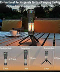 Uber Bright Rechargeable LED Flashlight Lantern For Camping And Outdoors on table, multiple modes and sizes shown