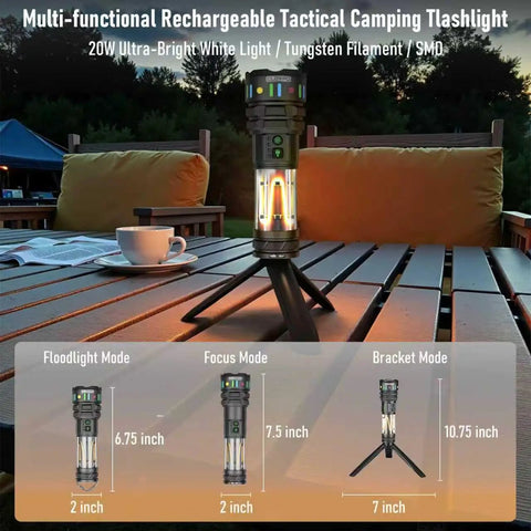 Uber Bright Rechargeable LED Flashlight Lantern For Camping And Outdoors on table, multiple modes and sizes shown