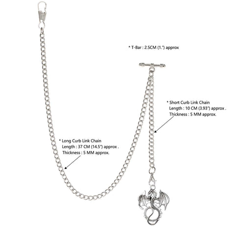 Mens Albert Chain Pocket Watch Curb Link Key Chain With Dragon Pendant And T Bar Fob Vintage Silver Tone Swivel Clip Two Hooks