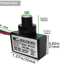 Outdoor Photocell Light Sensor Switch For Dusk To Dawn Auto On Off, hard wired, product dimensions and labels, black, 105V-130V AC 5A load