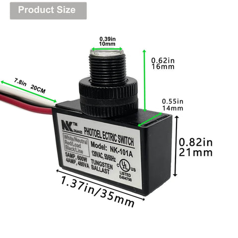 Outdoor Photocell Light Sensor Switch For Dusk To Dawn Auto On Off, hard wired, product dimensions and labels, black, 105V-130V AC 5A load