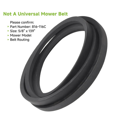 Heavy Duty Replacement V Belt For Mower Deck 5/8 By 139 Inches showing 816 116C part number rubber belt detail.