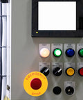 Control panel with emergency stop sign stickers for industrial machinery 2.44 inch self adhesive labels, showcasing high visibility.