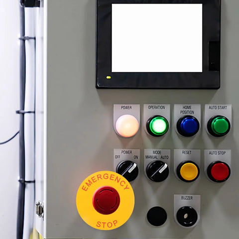 Control panel with emergency stop sign stickers for industrial machinery 2.44 inch self adhesive labels, showcasing high visibility.