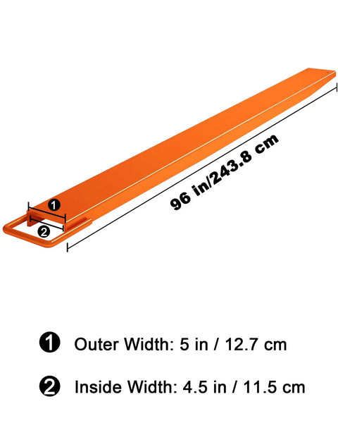 Heavy Duty Steel Fork Extensions For Forklift Trucks, 4.5 Inch Wide Pallet Forks, 96 Inch Length, Orange, 1 Pair, Built To Handle Bigger Loads And Boost Warehouse And Construction Productivity; diagram showing measurements and orange finish