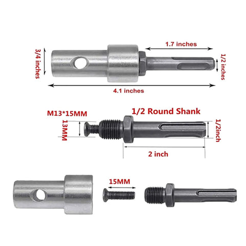 Two Slot Round Shank Drill Bit Adapter For Earth Auger Heads, SDS Arbor Connector, Angled Nut Head dimensions displayed
