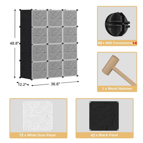 Cube Storage Organizer With Doors 12 Cube Plastic Shelving Unit assembly diagram with accessories and dimensions