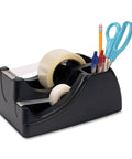 Rock Solid Heavy Duty Dual Roll Tape Dispenser With Weighted Base, Smooth One Hand Pull For Shipping Tape, Durable Desktop Setup with pens and scissors.