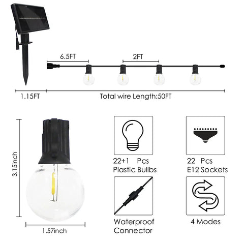 Outdoor Solar String Lights 50 Feet With 23 Shatterproof G40 Bulbs Waterproof Patio Garden Lighting details and dimensions