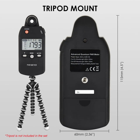 Full Spectrum PAR Meter With Pro Grade High Precision PPFD Tester For Indoor And Outdoor Plant Growth 400 To 700 Nanometers Light Range Lux Readings For Photosynthesis Results on tripod mount, 115mm x 60mm