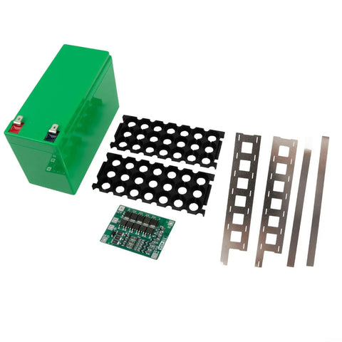 Heavy Duty DIY Lithium Battery Case For 12 Volt Projects With Nickel Straps And 3X7 Cell Slots Top Shelf ABS Housing with components.