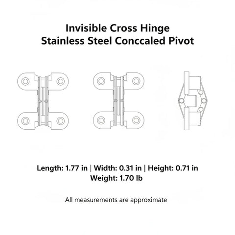 Diagram of stainless steel invisible cross hinge with concealed pivot, flush mount hardware dimensions 1.77x0.71x0.31 in.