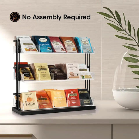 Three Tier Tea Bag Organizer With Clear Acrylic Compartments And Black Steel Frame Holds 15 Compartments For Coffee Station Storage