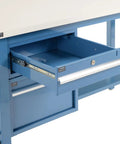 Built Tough Heavy Duty Production Workbench For Real Shop Jobs, ESD Laminated Top With Deep Storage Drawers And Lower Shelf, Height Adjustable Steel Frame, Rock Solid 5000 Lb Load Capacity, Blue - opened drawer detail.