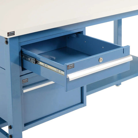 Built Tough Heavy Duty Production Workbench For Real Shop Jobs, ESD Laminated Top With Deep Storage Drawers And Lower Shelf, Height Adjustable Steel Frame, Rock Solid 5000 Lb Load Capacity, Blue - opened drawer detail.