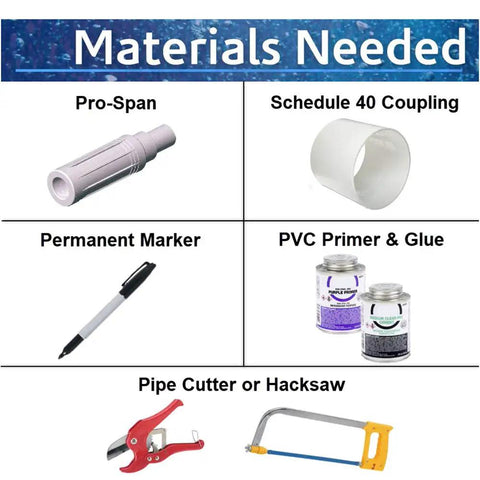 Materials needed for Pro Span PVC Expansion Repair Coupling for 2 Inch In Ground Pipes Slip X Spigot IPS, including tools.