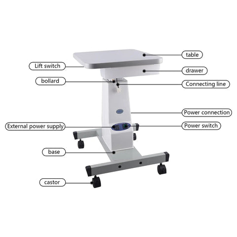 Detailed view of Motorized Instrument Lift For Optometry Working Table With Adjustable Height And Rolling Stand.