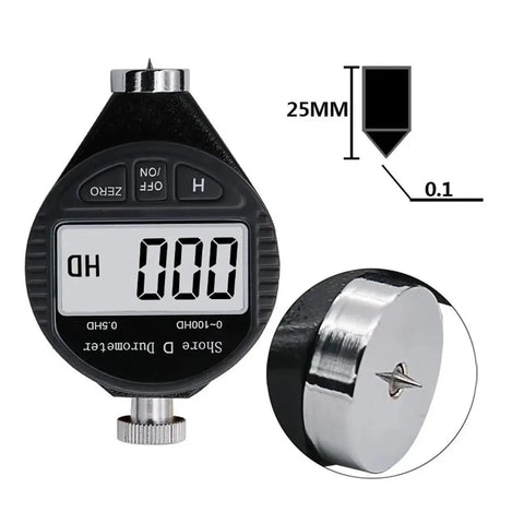 Professional Digital Shore Durometer Rubber Hardness Tester Meter featuring Dead On Readings and Boss Level Durability, black handheld gauge.