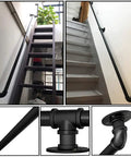 6Ft Wall Handrail For Indoor Outdoor Stairs And Porch Deck DIY Friendly Easy Install Dark Iron Black Banister Kit Wrought Iron And Galvanized Pipe With Anti Rust Coating Heavy Duty 200Kg Bracket Support Smooth Comfortable Surface shown on stairs and detailed view of fittings.