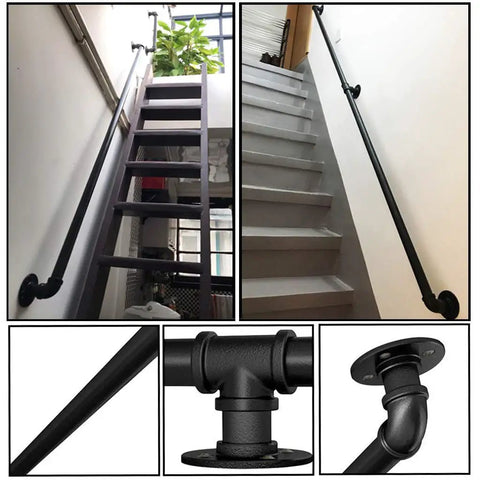 6Ft Wall Handrail For Indoor Outdoor Stairs And Porch Deck DIY Friendly Easy Install Dark Iron Black Banister Kit Wrought Iron And Galvanized Pipe With Anti Rust Coating Heavy Duty 200Kg Bracket Support Smooth Comfortable Surface shown on stairs and detailed view of fittings.