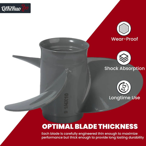 Beefy Aluminum Boat Propeller Nine And A Quarter By Ten Inch And Nine And A Quarter By Eight Inch For Honda Outboard Motors 9.9 15 20HP Eight Tooth Right Hand Rotation OEM 58130 ZV4 010AH in focus showing blade thickness