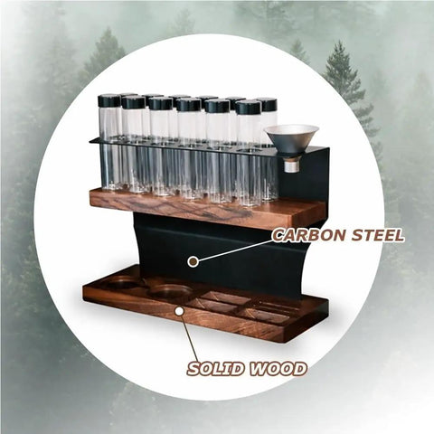 Transform Your Counter Into A Lowkey Essential Coffee Bar With This Badass 2 Tier Organizer Stand Built On Solid Wood And Carbon Steel Frame Holds 12 Airtight Bean Canisters One Way Valves Plus Pour Funnel. Image shows carbon steel frame and solid wood base with canisters.