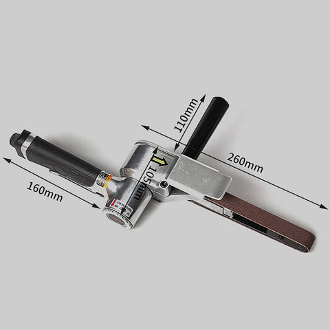 Handheld Pneumatic Belt Sander With Slick Rubber Grip And Quick Release Tensioner No Hassle Setup For Wood Metal And Stone, dimensions shown.