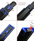 Close-up of Push To Open Drawer Slides With Ball Bearing, Full Extension Threefold, Side Mount Rebound Rails, Black Metal Track, 300mm.